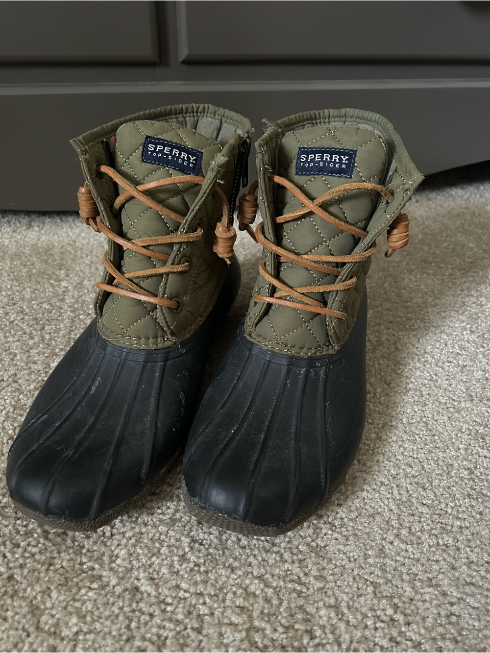 Sperry Quilted Olive and Black Waterproof Duck Boots